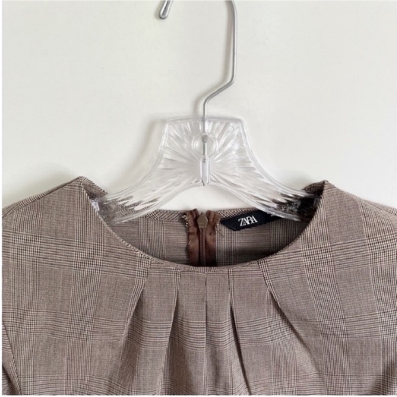 Zara Secretary sheath dress brown check plaid pencil fitted shoulder pads - Picture 6 of 10